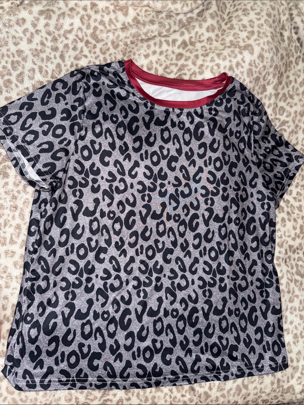 Leopard Cheetah Print Short Sleeve Tee with Burgundy Trim